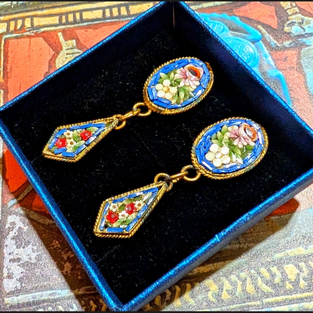 Antique Italian Micromosaic Dangle Earrings - Picture 4 of 6